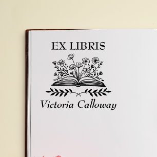 Botanical Wildflower Open Book Ex Libris Bookplate Rubber Stamp
