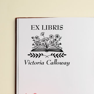 Botanical Wildflower Open Book Ex Libris Bookplate Rubber Stamp