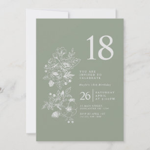 Botanical Wildflower Sage Green 18th Birthday Invitation