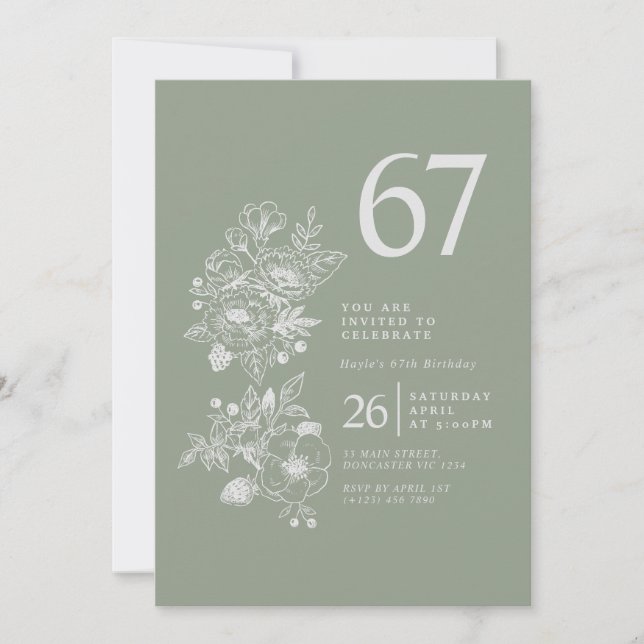 Botanical Wildflower Sage Green 67th Birthday Invitation (Front)