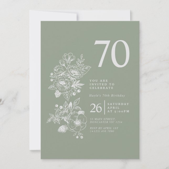 Botanical Wildflower Sage Green 70th Birthday Invitation (Front)