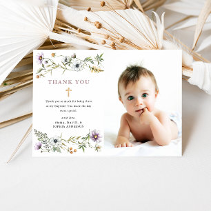 Botanical Wildflowers   Elegant Baptism Photo Thank You Card