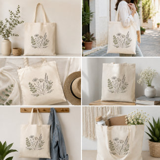 Botanical Wildflowers Line Art Tote Bag
