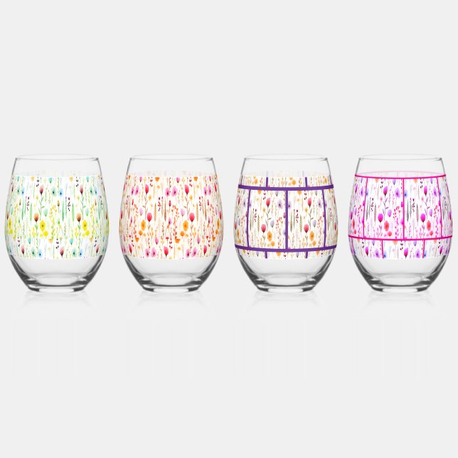 Botanical Wildflowers Meadow Pattern Stemless Wine Glass (Back)