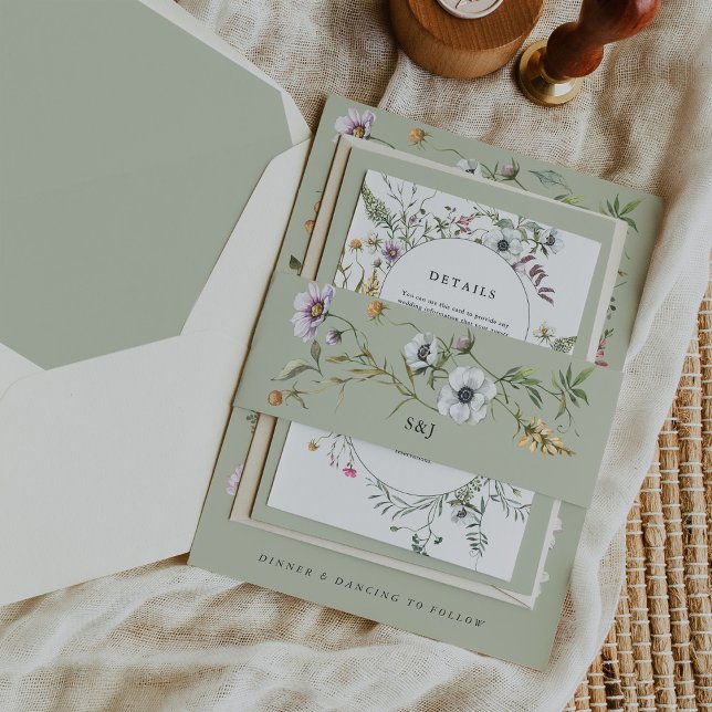 Botanical Wildflowers Soft Green Monogram Wedding Invitation Belly Band (A pretty, wildflower-filled light green belly band)