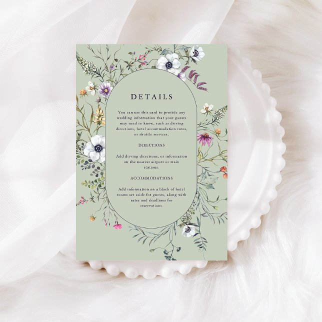 Botanical Wildflowers | Soft Green Wedding Details Enclosure Card (A pretty wildflower frame decorates these stylish soft green wedding detail cards)