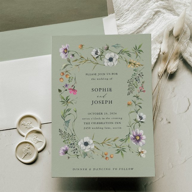 Botanical Wildflowers | Soft Green Wedding Invitation (A pretty, soft green wedding invitation with wildflowers)