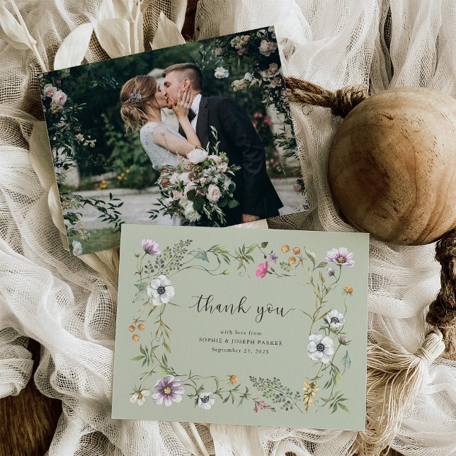Botanical Wildflowers | Soft Green Wedding Photo Thank You Card (Creator Uploaded)