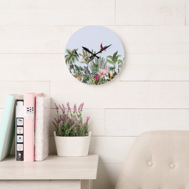 Botanical Wildlife Wall Clock with Flamingo, Zebra (Reading Room)