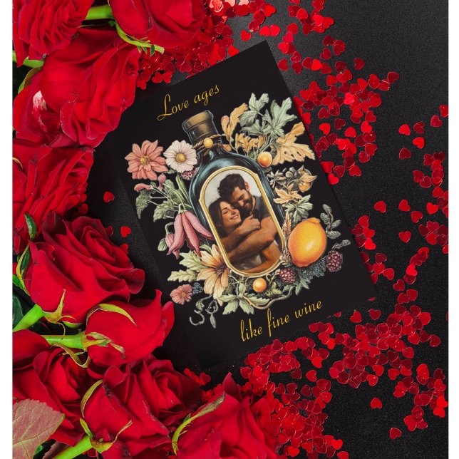 botanical wine bottle, love ages like fine wine holiday card (Creator Uploaded)