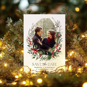 Botanical Winter Berries Greenery Wedding Save The Date