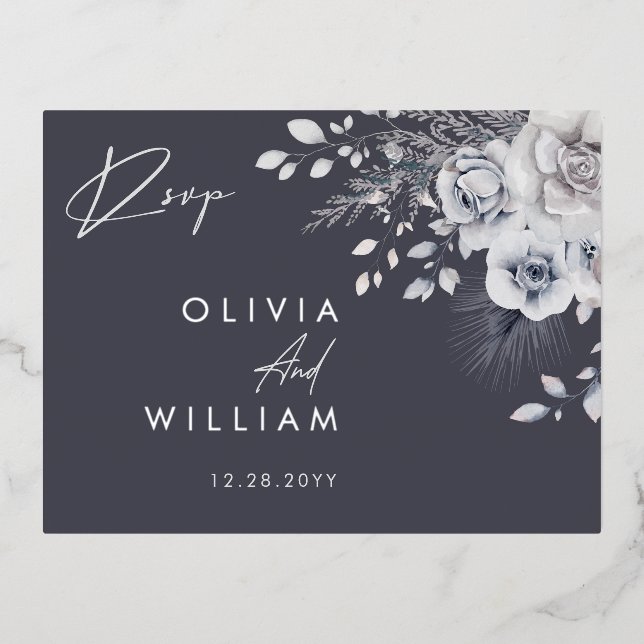 Botanical Winter Floral Elegant Silver RSVP Cards (Front)