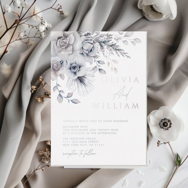 Botanical Winter Floral Elegant Silver Wedding (Botanical Winter Floral Elegant Silver Wedding Foil Invitation)