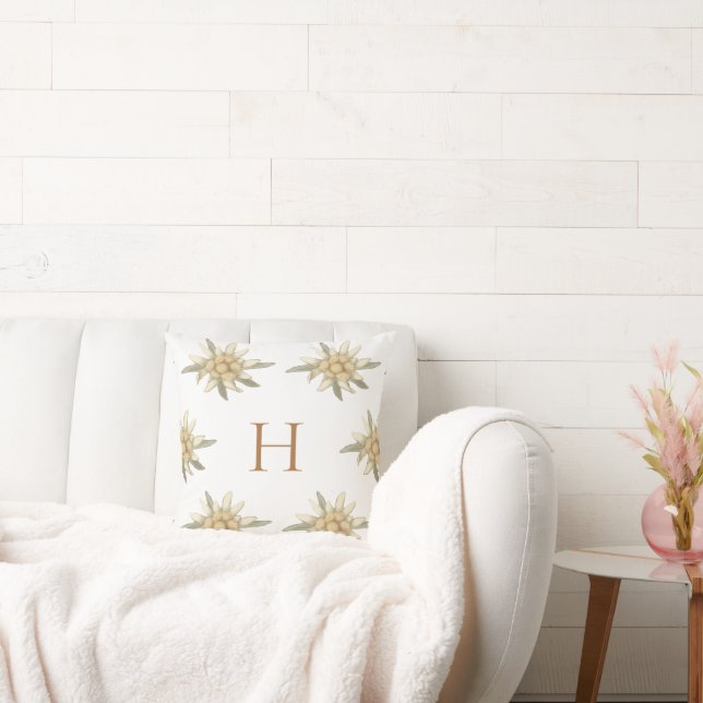 Botanical Winter White Initial Edelweiss  Cushion (Couch)