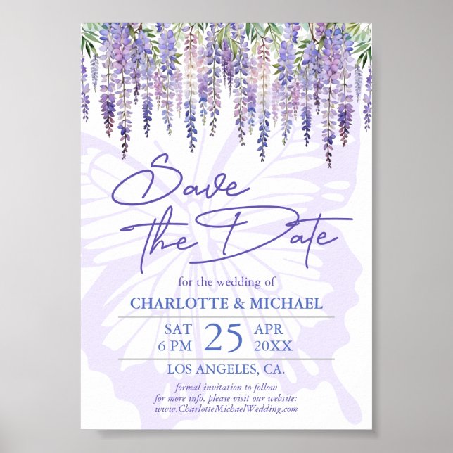 Botanical Wisteria Garden Wedding Save the Date Poster (Front)