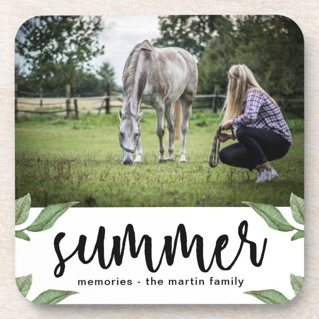 Botanical with summer script add photo and name coaster (Front)