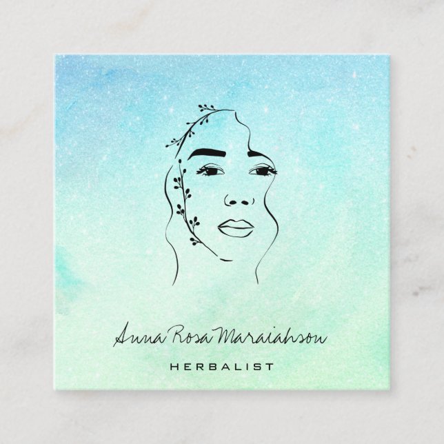 *~* Botanical Woman Greenery Line Art Square Business Card (Front)
