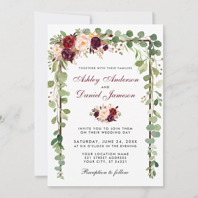 Botanical Wood Burgundy Floral Wedding B Invitation (Front)