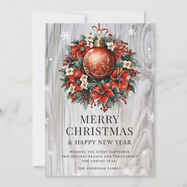 Botanical Wood Snowflake Ornament Holiday Card (Front)