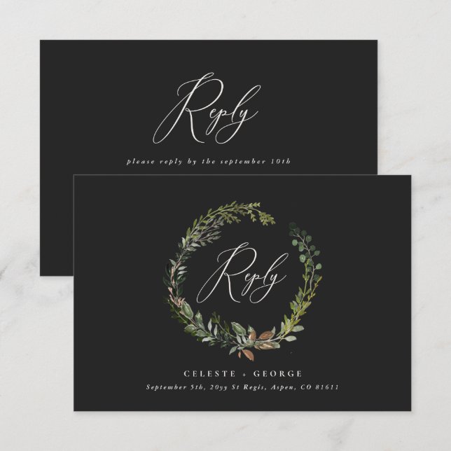 Botanical wreath black elegant wedding reply card (Front/Back)
