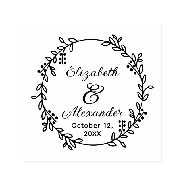 Botanical Wreath Bride Groom Names Date SC Wedding Self-inking Stamp (Design)