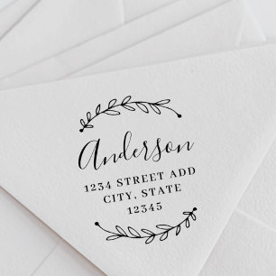 Botanical Wreath Calligraphy Family Name Address Rubber Stamp