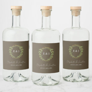 Botanical Wreath Earth Tone Wedding Liquor Bottle Label