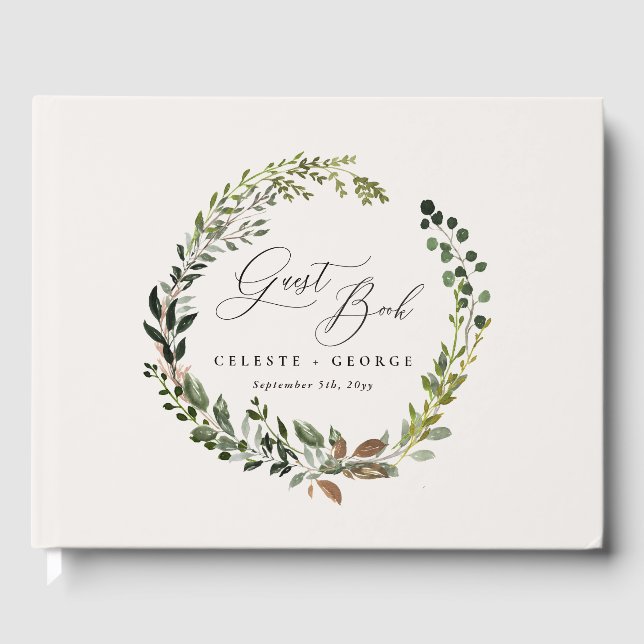 Botanical wreath elegant modern rustic decor guest book (Front)