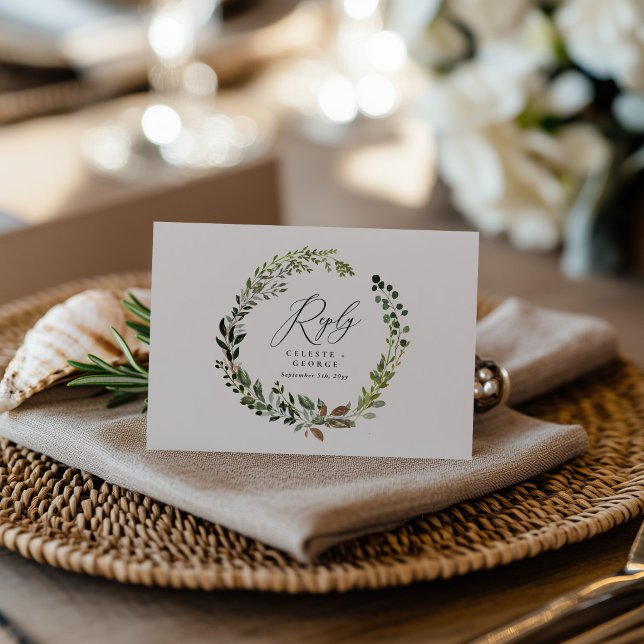Botanical wreath elegant wedding reply RSVP card (Creator Uploaded)