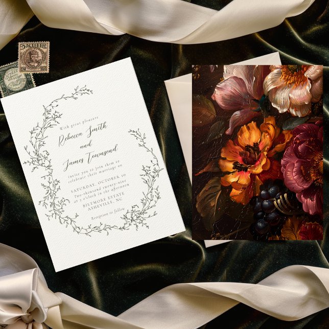 Botanical Wreath Fine Art Painting Olive Wedding Invitation (Creator Uploaded)