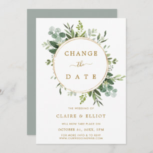 Botanical Wreath Gold Wedding Change the Date Invitation