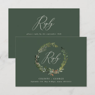Botanical wreath green elegant wedding reply card