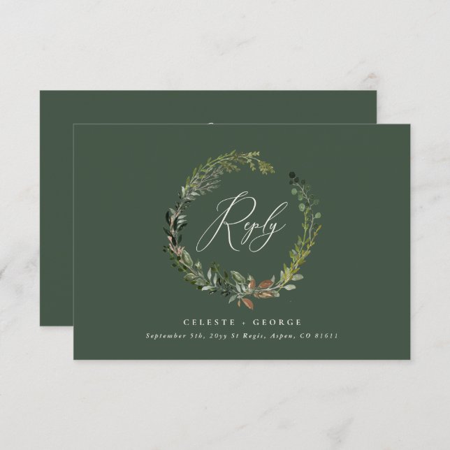 Botanical wreath green elegant wedding reply card (Front/Back)