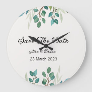 Botanical wreath Greenery square save the Date  Large Clock