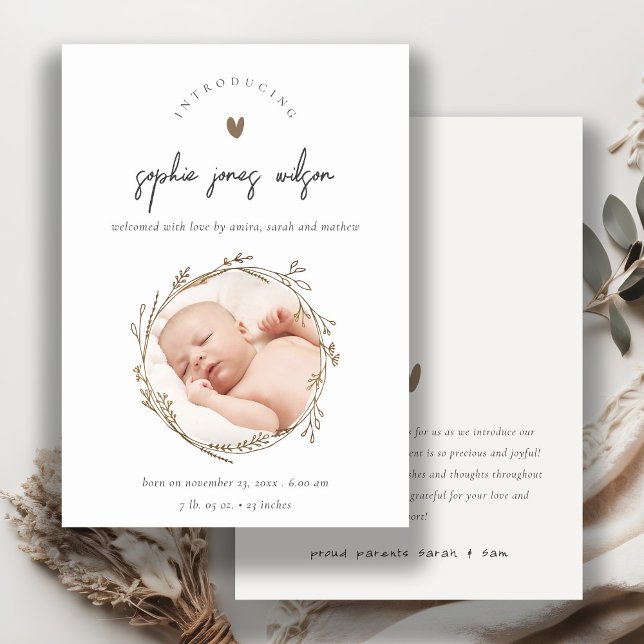 Botanical Wreath Heart Photo Birth Announcement (Creator Uploaded)