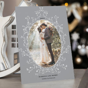 Botanical Wreath Married and Merry Photo Grey Holiday Card