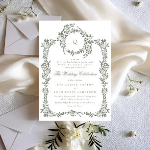Botanical Wreath Monogram Sage Green Wedding Invitation