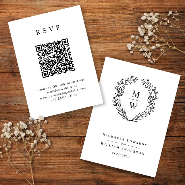 Botanical Wreath Monogram Wedding RSVP QR Code Enclosure Card (Creator Uploaded)