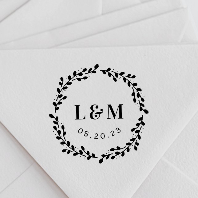 Botanical Wreath Monogram Wedding Save the Date Rubber Stamp (Creator Uploaded)