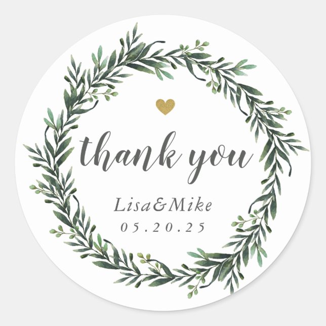 Botanical Wreath Wedding Favour Thank You Classic Round Sticker (Front)