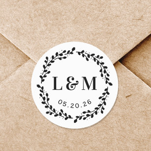 Botanical Wreath Wedding Monogram Classic Round Sticker