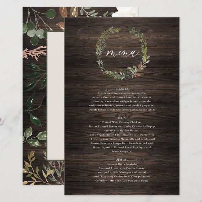 Botanical Wreath Wedding Watercolor Green Menu (Front/Back)