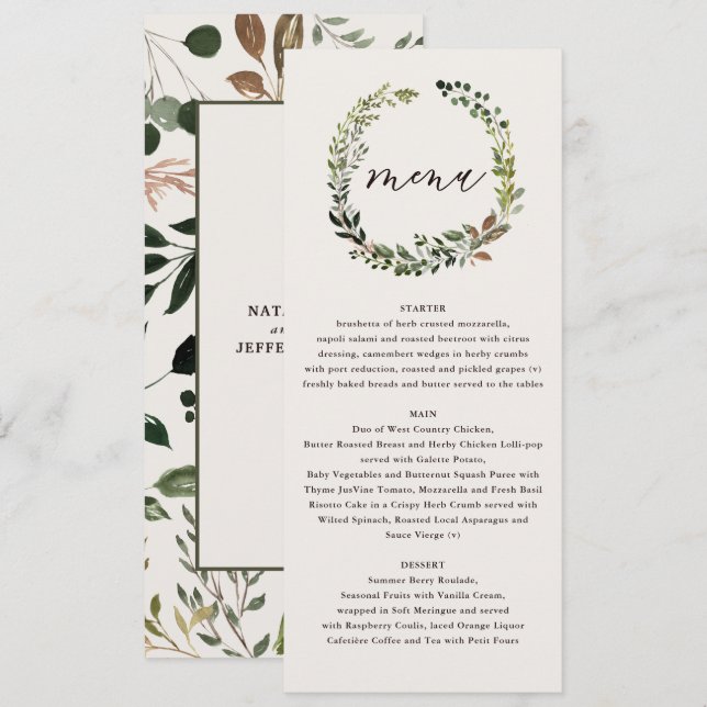 Botanical Wreath Wedding Watercolor Green Menu (Front/Back)