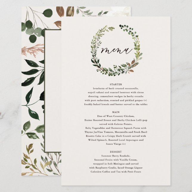 Botanical Wreath Wedding Watercolor Green Menu (Front/Back)