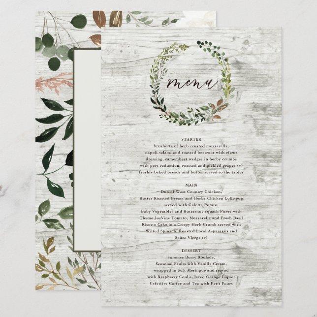 Botanical Wreath Wedding Watercolor Green Menu (Front/Back)