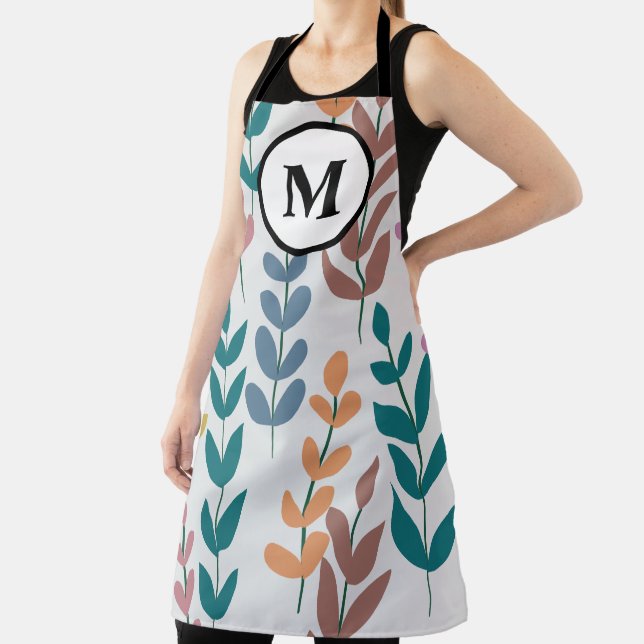Botanical Yellow Grey Blue Orange Pink Monogram Apron (Insitu)