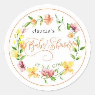 botanical yellow watercolor floral girl babyshower classic round sticker