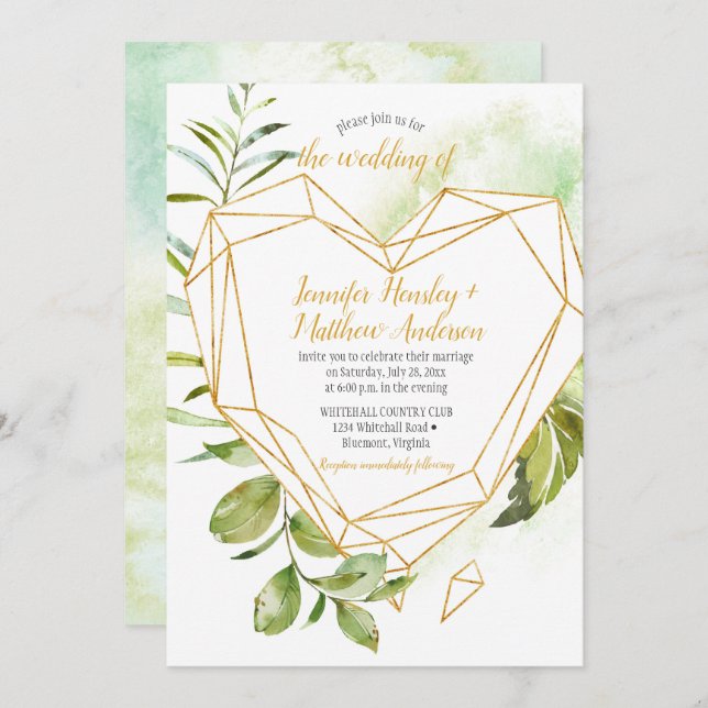 Botanicals Gold Heart-Shaped Crystal Wedding Invitation (Front/Back)