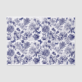 Botanicals in blue with script decoupage tissue paper