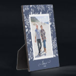Botanicals on Blue Easel Back Frameless Photo Plaque<br><div class="desc">Tabletop plaque with a built-in easel features your favorite photo surrounded with a beautiful border of white foliage, dots and berries on a denim blue background. CHANGE the background color to MATCH your photo. CHANGE the LOVE text to anything - TIP: put your text between the two squares to retain...</div>